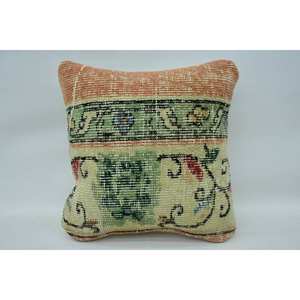 Bohemian Vintage Floral Kantha Patchwork Wool Pillow 14x14 Inch <b>Beige</b> <b>Cushion</b> Woven Decorative <b>Cushion</b> for Floor Use - Product Image 1
