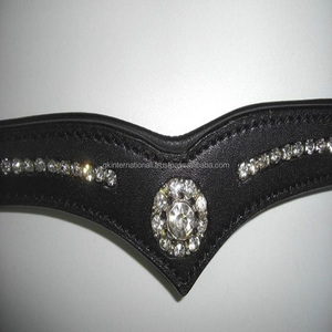 Bande de sourcils cheval en cuir en forme de V, haute qualité, en cuir de vache complet, conçu avec des strass argentés et cristaux transparents, toutes les tailles, - Product Image 5