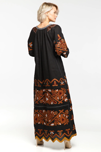 Robe folklorique ukrainienne ethnique brodée Vyshyvanka Maxi robe d'été en lin naturel avec décoration florale solide de bohème à glands - Product Image 3