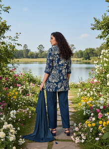 Ensemble coordonné élégant à imprimé floral pour femmes, kurta ethnique contemporain à coupe asymétrique, pantalon assorti, écharpe, tenue de soirée, polyester, séchage rapide - Product Image 2