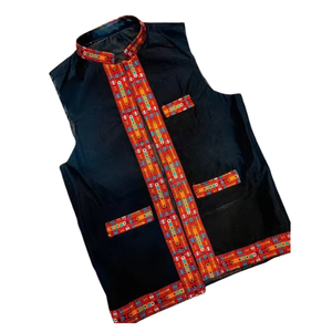 Gilet ethnique noir traditionnel fabriqué à la main pour hommes avec broderie géométrique complexe Orange violet et rouge - Product Image 1