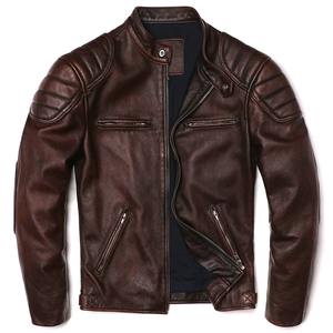 Veste de moto en cuir véritable marron vintage 2025, toile, cuir de vache naturel, homme, coupe ajustée, personnalisable - Product Image 1