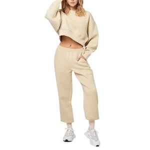 Ensemble de vêtements pour femmes, style décontracté, haut court en tricot, pantalon, sweat-shirt à capuche bio, logo sur le devant, longueur courte, vêtements à capuche - Product Image 1
