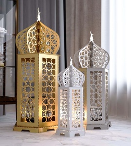 Crescent Glow Lanterns with White Cylindrical Candle Holders Floral Cutouts and Gold Moon Finials - Product Image 3
