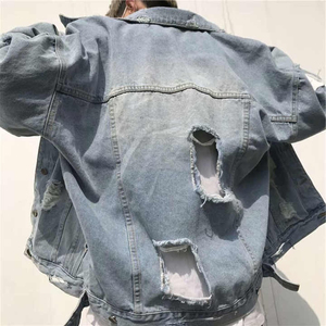 แจ็กเก็ตยีนส์ทรูคเกอร์สำหรับผู้ชายโอเวอร์ไซส์โอเวอร์ไซส์ผ้าเดนิมผ้าฝ้ายผสมดีไซน์แบบขาดๆสำหรับผู้ชาย - Product Image 6