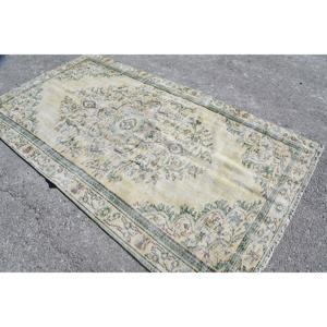 พรมวินเทจขนาดใหญ่ 5.1x9.1 ฟุต พรมตุรกี สีเบจเขียวลายจุด พรมขนสัตว์ - Product Image 4