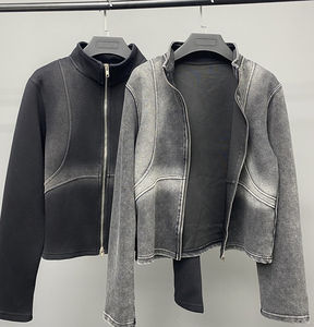 Chaqueta con cremallera de peso pesado, cárdigan de otoño para hombre, lavado ácido, rociado, recortado, cuello alto, sudadera, sudaderas con capucha a prueba de viento para mujer - Product Image 3