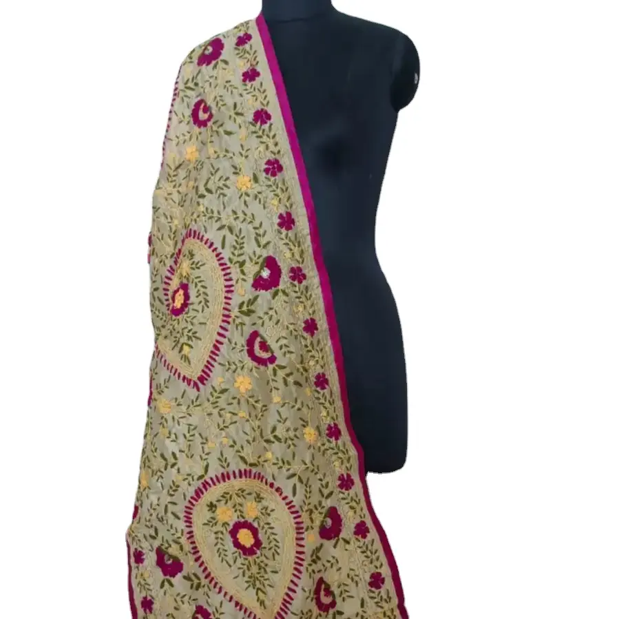 Phulkari Arbeit Chanderi Seide Dupatta mit Spiegellückwürdigkeiten schöne bestickte Zari Arbeit Chunni Hochzeitskleidung Dupatta