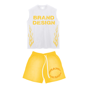 Men's Two-Piece Knitted Cotton Acid Wash Short Set Sleeveless Men's T-Shirt Raw Edge Sweat Shorts for Summer Formal 3D Pattern - Product Image 3