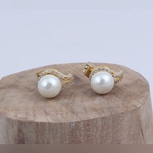 Pendiente de tuerca de perla de Agua de Mar de Plata de ley a la moda chapado en oro amarillo para Bodas de compromiso aniversarios fiestas regalos altos - Product Image 1