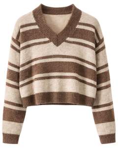 Suéter de Punto Suave con Cuello en V para Mujer, Diseño Personalizado del Fabricante, Color Marrón a Rayas, Manga Larga, Informal, de Moda, para Invierno, al por Mayor - Product Image 1