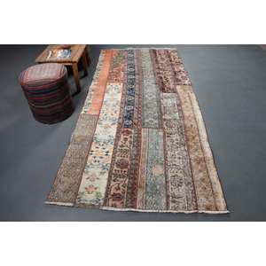 Alfombra de lana beige Bohemia vintage diseño de retazos rectangulares grandes estilo clásico para entrada y pasillo 4,1x9,2 pies - Product Image 1