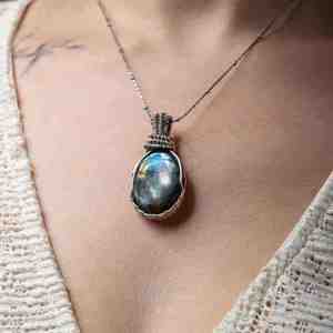 Handmade <b>Boho</b> Labradorite Pendant <b>Necklace</b> Natural Gemstone Sterling Silver Vintage Style Gold Plated Gift - Product Image 1
