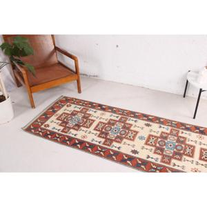 Turkish 2.2x7.6 ft Rug, <b>Runner</b> Vintage Rug, <b>Red</b> Blue Ikat Rug - Product Image 3