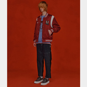 Maroon Satin <b>Thin</b> Winter Bomber <b>Jacket</b> <b>Waterproof</b> Windproof Breathable Eco-Friendly Front Logo Matching Rib Regular Fit - Product Image 4