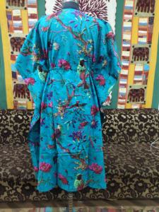 100% algodón puro lujo cuello en V longitud completa Kaftan turquesa pájaro estampado ligero suave ropa de dormir para mujeres Festival de verano - Product Image 4