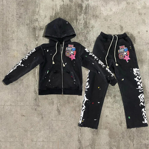 Streetwear Custom Embroidery French Terry <b>Paint</b> Acid Wash Hoodie and Flare Sweatpants Tracksuit Sweat Suits Men OEM Serviced - Product Image 1