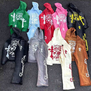 Custom Vintage Pullover Street Style Sportswear Breathable <b>Flare</b> Pants Embroidery Distressed Washed Loose Fit Tracksuits For <b>Men</b> - Product Image 4