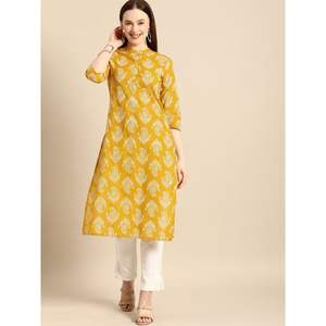 Kurta Anarkali de Algodón y Georgette con Estampado Floral Amarillo para Mujer, con Cuello Mandarín, Suave Sari y Vestido Salwar Indio - Product Image 3