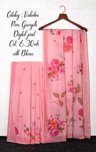 Saris en soie Georgette Pallu à impression numérique traditionnelle avec chemisier - Product Image 5