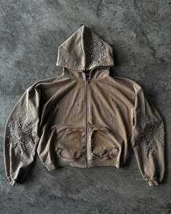 Sweat à capuche zippé pour homme, effet délavé au soleil, avec strass en forme de diamant, en molleton épais délavé à l'acide, coupe ample, style streetwear. - Product Image 3