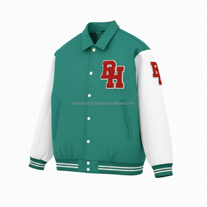 Veste universitaire en mélange de laine de qualité supérieure 480 GSM corps vert manches blanches en cuir souple Logo personnalisé vestes universitaires pour femmes de Style unisexe - Product Image 4