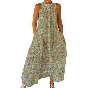 Combinaison en coton imprimée à la main, design décontracté sans manches, col rond, motif floral, logo au dos, poche avant, pour le printemps - Product Image 1