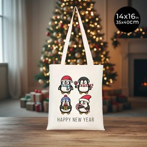 Sac fourre-tout en coton naturel pour le Nouvel An, 14 x 16 pouces (35 x 40 cm), motif pingouin mignon pour les fêtes - Product Image 1
