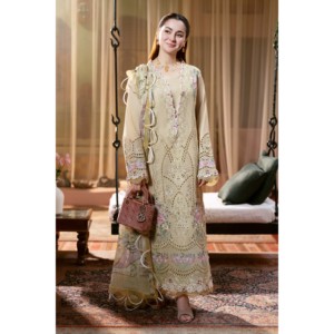 Jade 3-PC Women's Lawn <b>Chikankari</b> Embroidered Shirt with Chiffon Printed Dupatta and Trousers-BIC-4505 <b>Suit</b> Set - Product Image 1