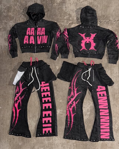 Custom Acid Wash Rhinestone Sweatsuit Jogger Distressed <b>Embroidery</b> Oversized Cropped Flare Sweatpants and Hoodie Tracksuit <b>Set</b> - Product Image 1