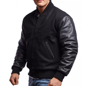 Chaquetas universitarias de béisbol de invierno personalizadas OEM para hombre, estilo informal, bordado, estampado de hojaldre, lona negra, cuello acanalado, Mangas de cuero - Product Image 3