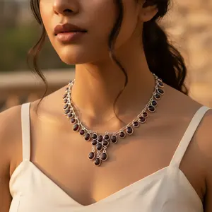 Collier pour femme en argent 925 de style vintage, plaqué rhodium, grenat, zircon, or rose, motif floral tendance, papillon, pour fiançailles - Product Image 1