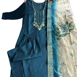 Conjunto de Kurti y Pantalón Morpich Color Premium de Tela de Seda Romana con Hermoso Trabajo a Mano, Tallas M a XXL, Largo hasta la Rodilla, con Dupatta, a Bajo Precio - Product Image 1