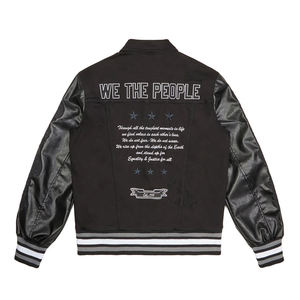 Chaqueta Varsity Negra para Hombre, Mangas de Cuero Sintético, Logotipo Bordado, Cuello Camisero, Estilo Preppy, Corte Regular, Otoño - Product Image 2