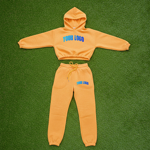 Wholesale Custom Made 100% Cotton French Terry Cropped Pullover Hoodie & <b>Cuffed</b> <b>Jogger</b> Set Breathable Streetwear Blank Sweatsuit - Product Image 1