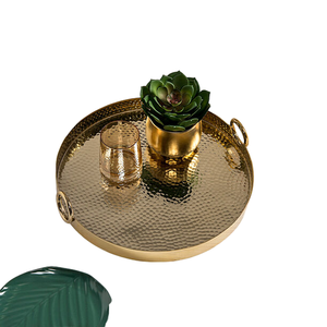 Modern Gold Plated Metal Serving Tray with Handle <b>Christmas</b> Table <b>Top</b> Decor Hammered Serving Tray In Round Shape - Product Image 1