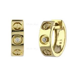 New Style Solid 14k Gold Screw Cut Thick Open Huggie Hoop Diamond Earrings Exquisite Statement Women Jewelry Earrings