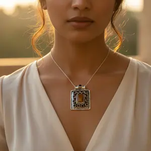 Collier en argent 925 avec pierre précieuse géométrique, pendentif en œil de tigre, serti clos, pour cadeau de mariage, anniversaire - Product Image 1