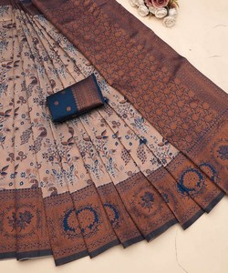 TENDENCIA BANARASI BORDE DE SEDA SUAVE TRABAJO SAREE CON BLUSA SIN COSTAR DESPIECE FIESTA PRECIO AL POR MAYOR ROPA ÉTNICA GRIS - Product Image 1