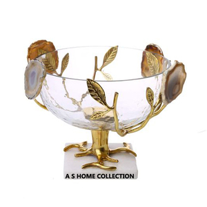 Plats de service dorés en verre et métal de designer avec base décorative en agate et marbre pour cadeau de mariage - Product Image 1