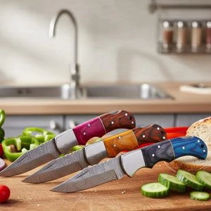 Ensemble de couteaux pliants en acier au carbone faits à la main, lames forgées sur mesure, manches en bois colorés, artisanat de qualité supérieure, léger et durable - Product Image 3