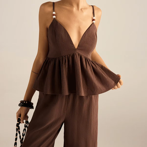 Conjunto de 2 Piezas de Algodón 100% Indio, Top Corto con Peplum y Pantalones, Cómodo, Elegante, para Uso Diario, Verano, Estilo Vintage, Plisado, Lavado, Color Sólido - Product Image 1