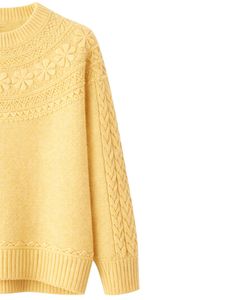 Customized Soft Yellow Jacquard Knit Sweater Floral Textured Crew Neck Long Sleeve Winter Pullover For Women Custom Wholesale - Product Image 3
