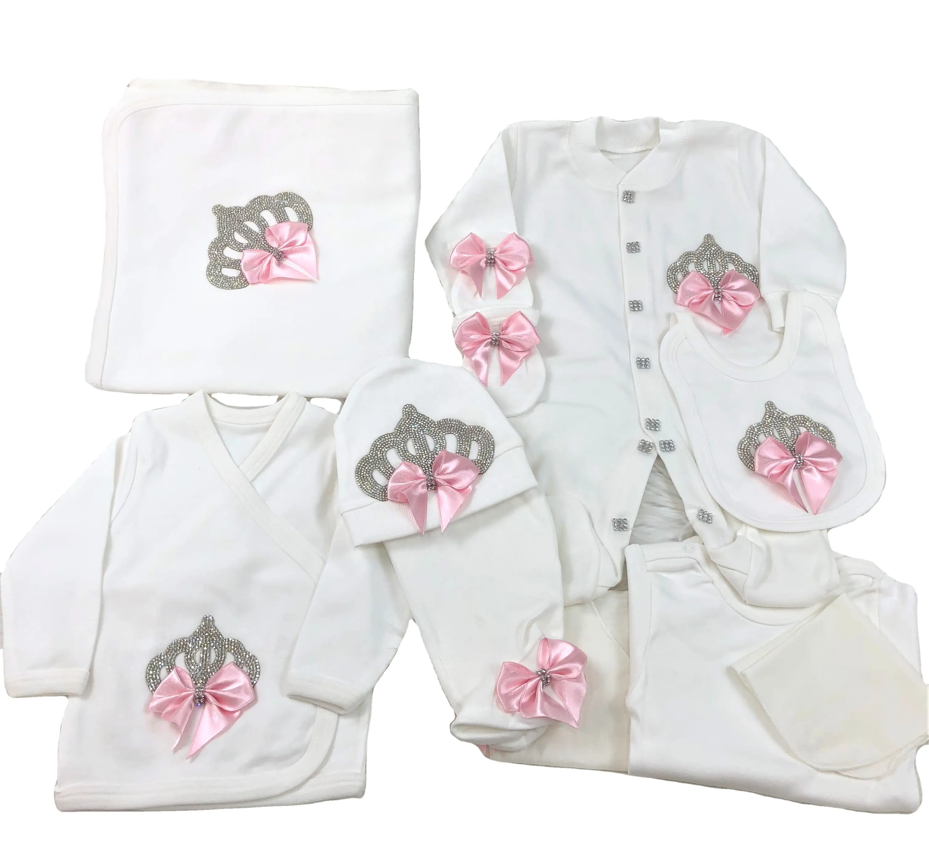 10 Stück Großhandel Custom Hochwertige moderne Luxus kleidung Langarm Krankenhaus Ausgang für Neugeborene In White off Pink Bows