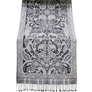 Seda pura intrincado Paisley jacquard tejido seda estampado bolso de mano bufandas elegantes mujeres bufandas de seda bufanda larga negra plateada - Product Image 2