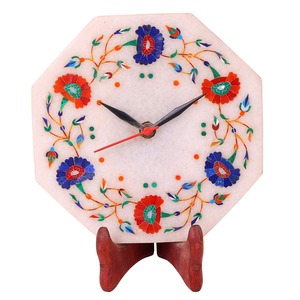 Horloge murale en marbre blanc poli de qualité supérieure avec incrustation Design octogonal élégant Décoration d'intérieur de style antique - Product Image 1