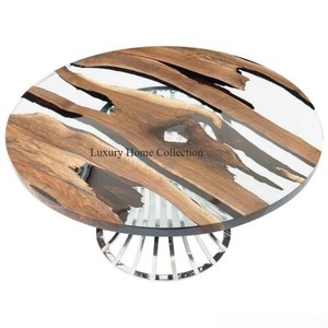 Centre de table Design unique avec plateau en bois et cadre métallique Tube en acier inoxydable couleur argent poli miroir fait à la main - Product Image 3