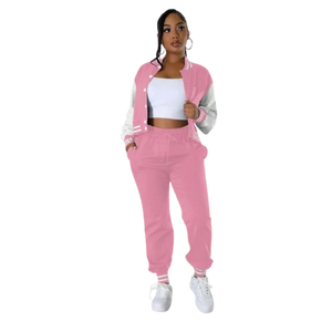 Venta al por mayor de las mujeres de color rosa Varsity chaqueta y pantalones Jogger 2 piezas conjunto de logotipo personalizado chándal Casual Streetwear ropa deportiva - Product Image 1
