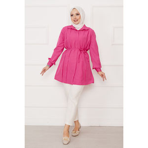 Camisa Hijab Larga Color Fucsia con Botones Ocultos y Detalle de Pliegues, Blusa Modesta - Product Image 1