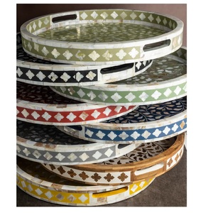 Plateau rectangulaire antique fait à la main en nacre incrustée de coquillages, travail en résine pour le service polyvalent, table à manger à domicile, artisanat naturel - Product Image 2